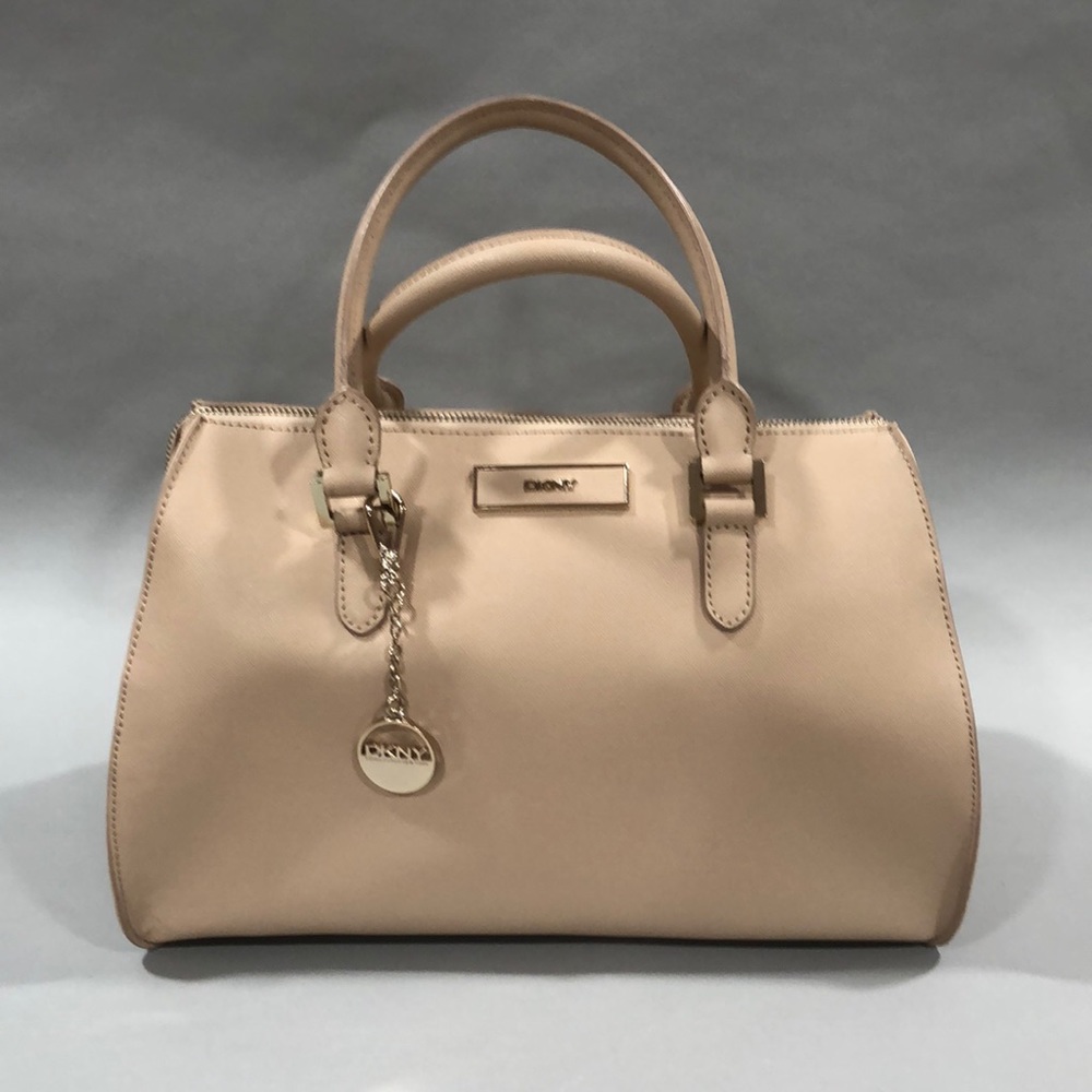 New DKNY large beige leather satchel bag with crossbody strap, gold trim